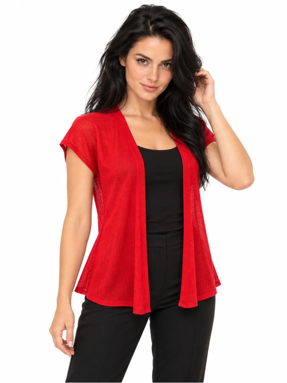 Contemporaine Simons Red Open Front Sheer Knit Cardigan Petite Small